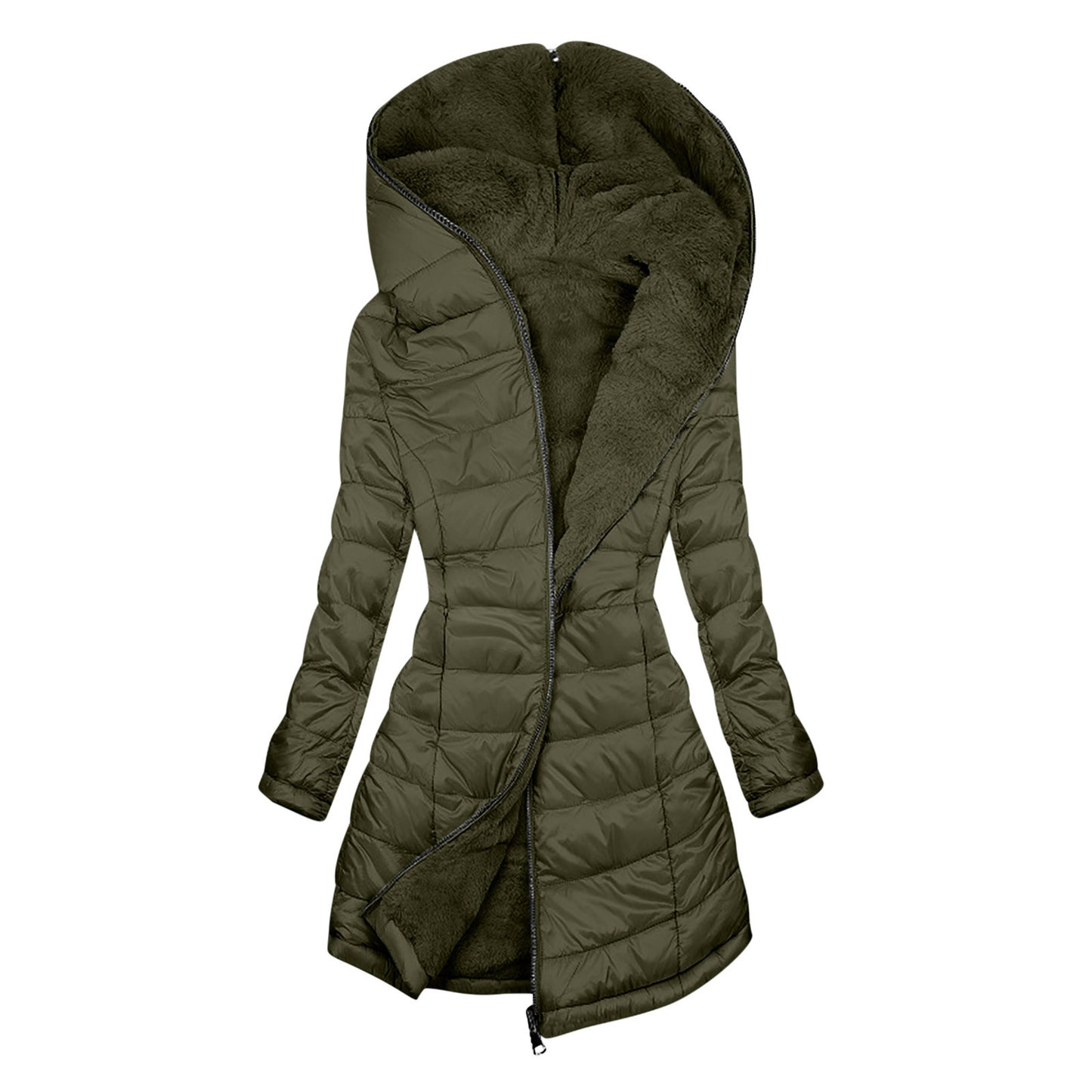 European And American Zipper Outer Wear Hooded Warm Fleece-lined Mid-length Winter Women's Coat