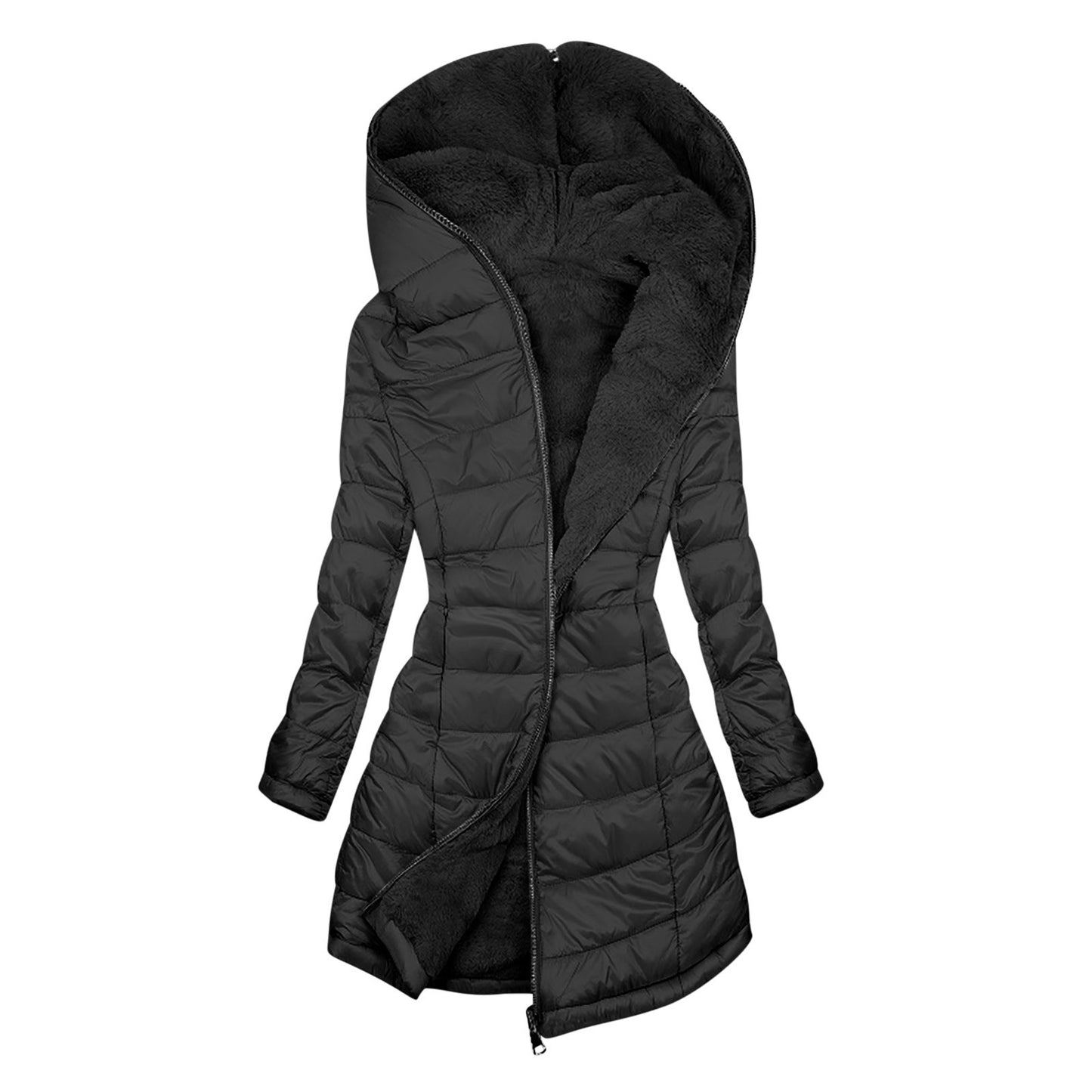 European And American Zipper Outer Wear Hooded Warm Fleece-lined Mid-length Winter Women's Coat