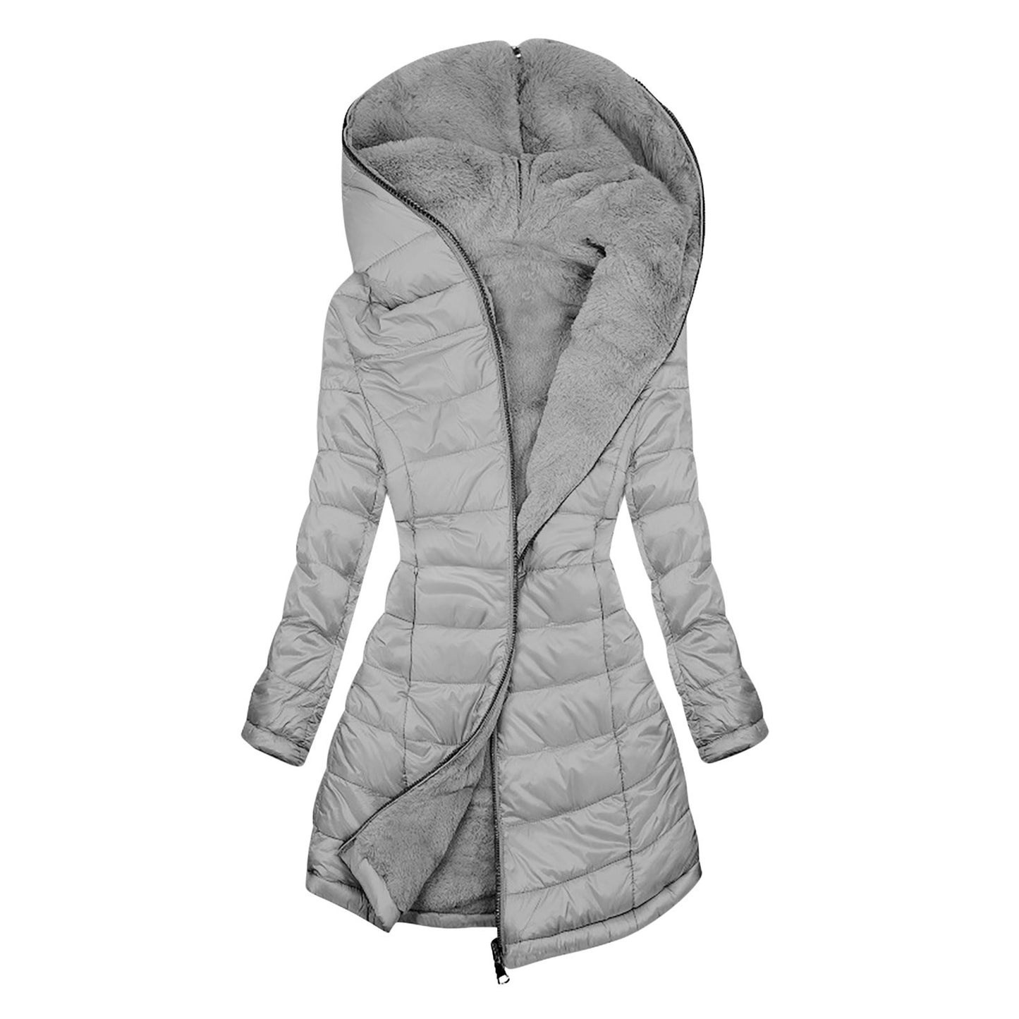 European And American Zipper Outer Wear Hooded Warm Fleece-lined Mid-length Winter Women's Coat